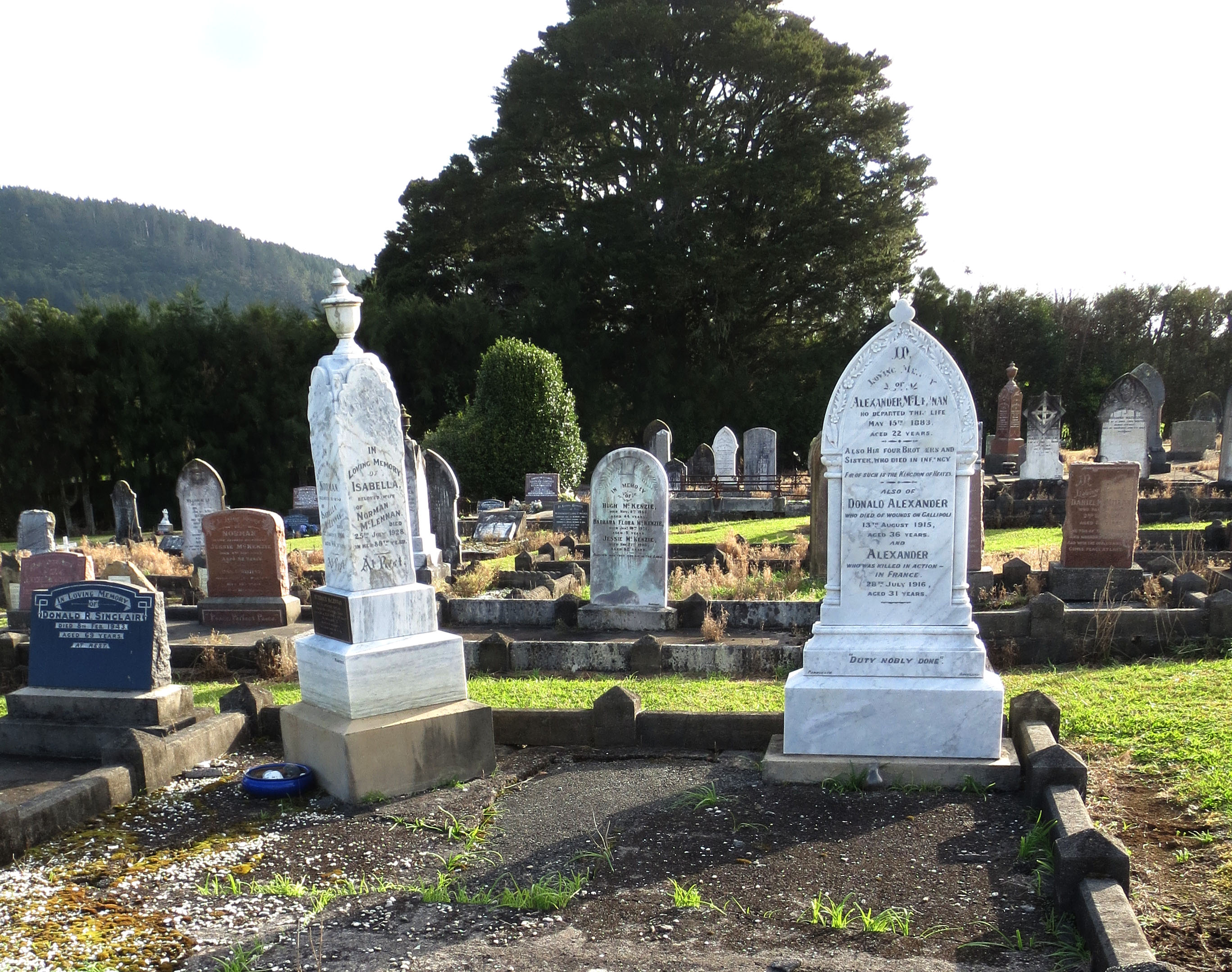 Photo of headstones/Alexander McLennan d1883 & mthr hdstn Kauri Pres Chyd